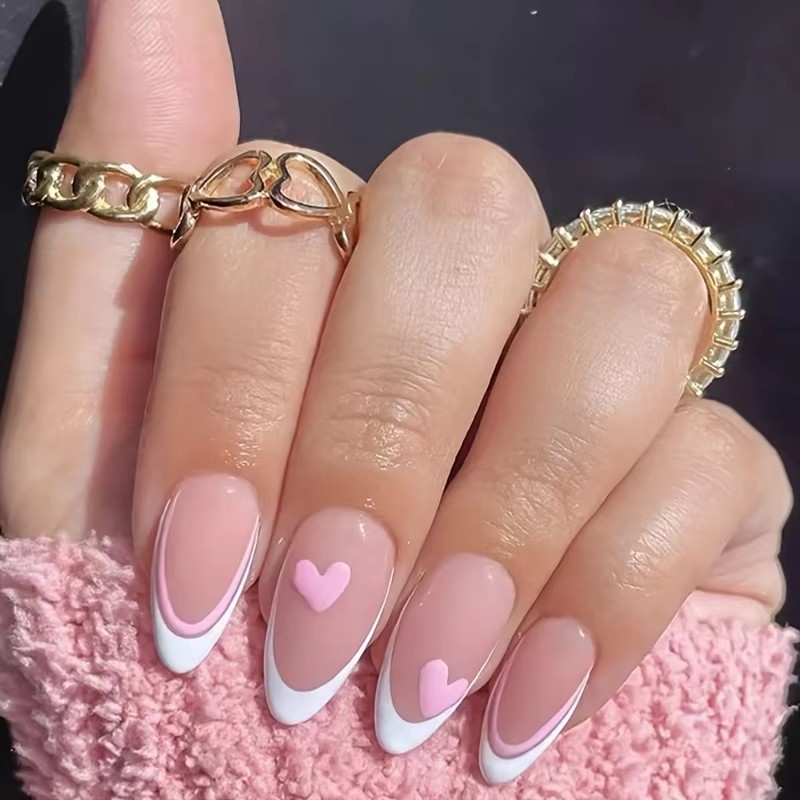 Nail Art France - 핑크 하트 모양 24피스 물방울 아몬드