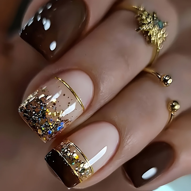 Nail Art Overlay - 여성용 짧은 사각형 가짜 손톱, 광택