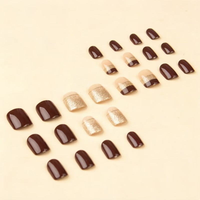 여성용 짧은 사각형 가짜 손톱, 광택 있는 갈색 팁,  - Nail Art Overlay 리뷰 및 가격